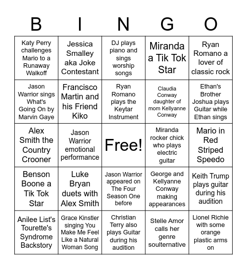 American Idol Season 19 Premiere Episode Bingo Card