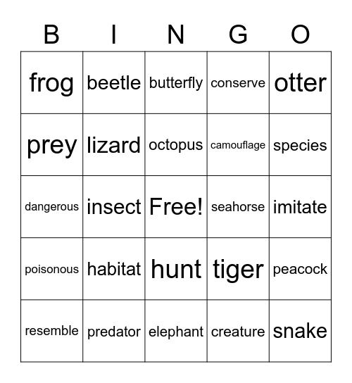 Vocabulary Practice Animals Bingo Card