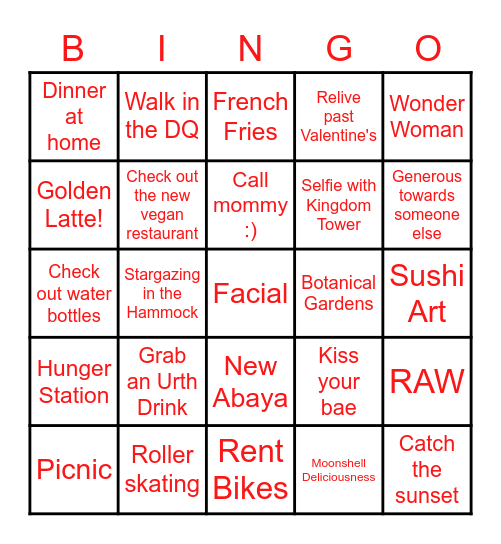 Valentine's Date BINGO Card