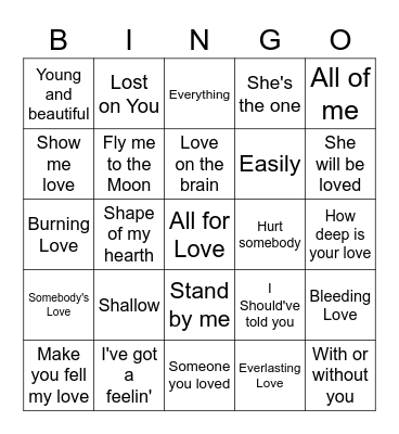 Love Songs 1-25 Bingo Card