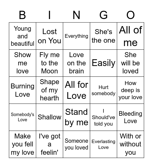 Love Songs 1-25 Bingo Card