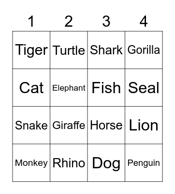 Animal Bingo Card