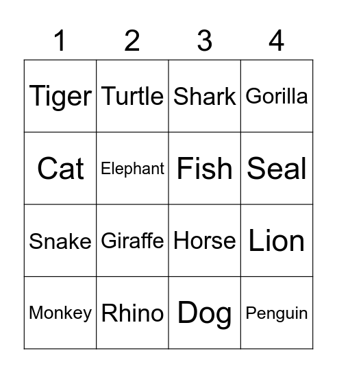 Animal Bingo Card