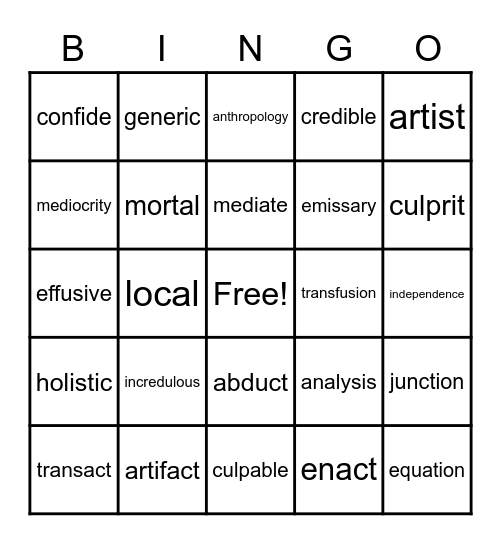 Vocabulary and Spelling Words (Sept - Nov) Bingo Card
