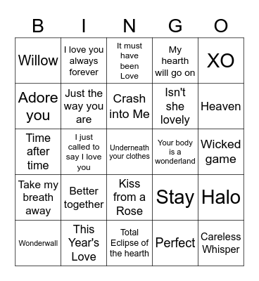 Love songs 26-50 Bingo Card