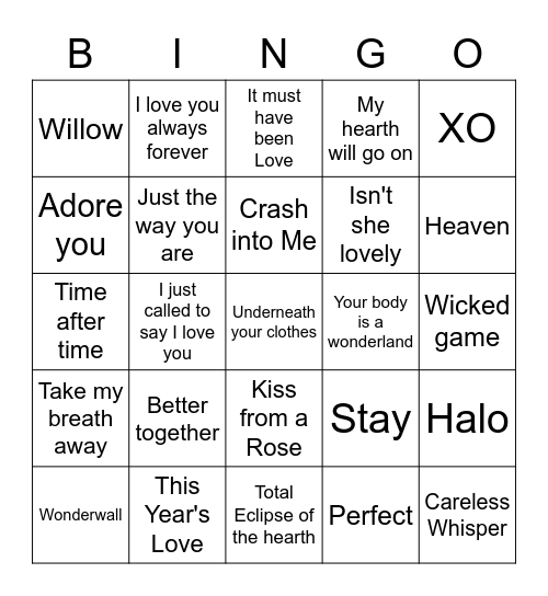 Love songs 26-50 Bingo Card