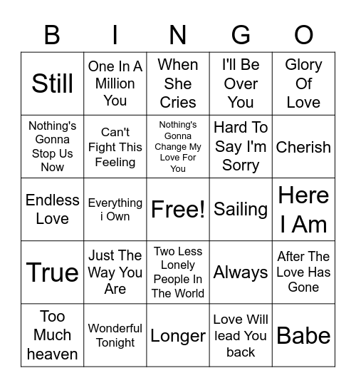 70's & 80's Love Songs Bingo Card