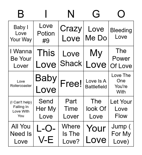 "LOVE" Songs TOG Bingo Card