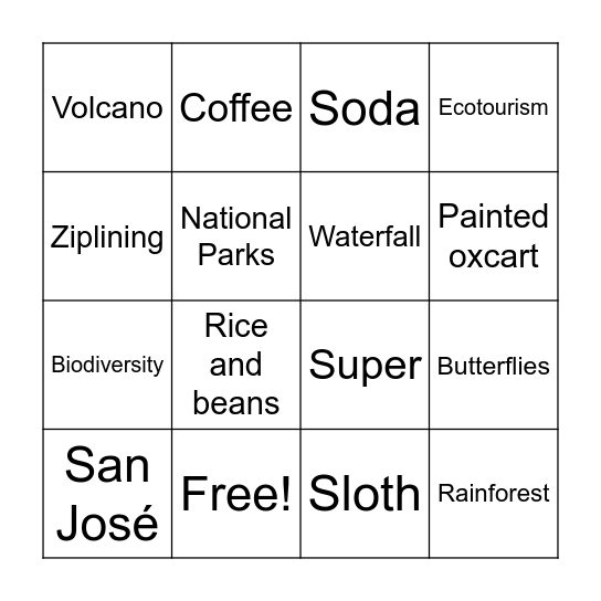 Costa Rica Bingo Card