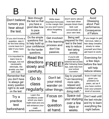 Reducing Math Test Anxiety Bingo Card