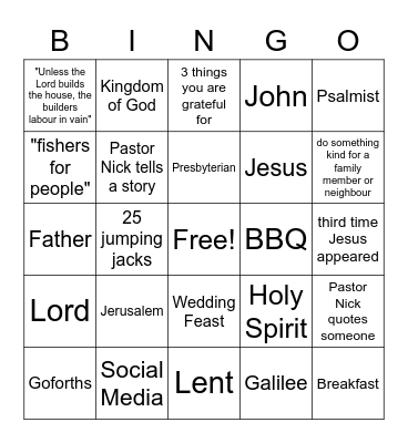 Sermon Bingo - February 14, 2021 Bingo Card