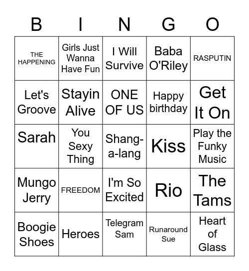 Sassie's 60th Birthday Music Bingo Card