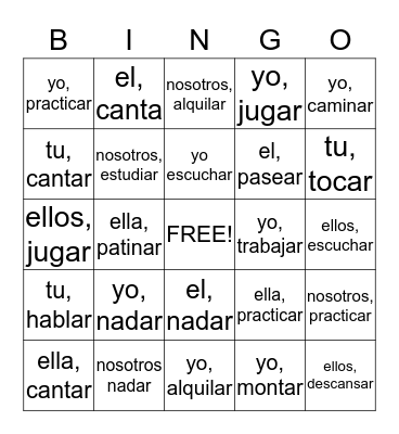 AR VERBS  Bingo Card