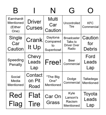 2021 Daytona 500 Bingo Card