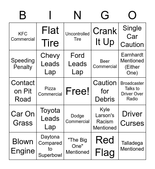 2021 Daytona 500 Bingo Card