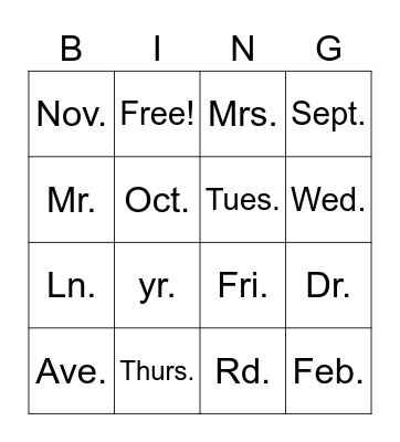 Abbreviation Bingo Card