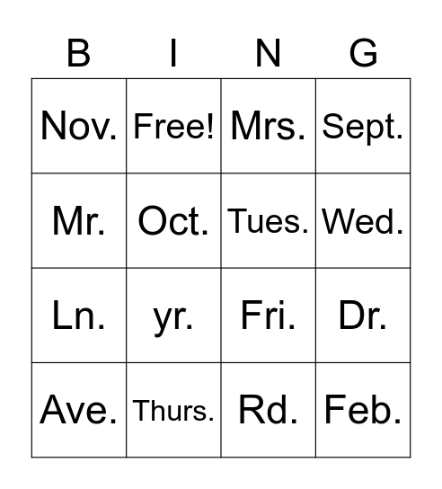 Abbreviation Bingo Card