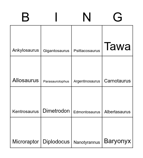 Dinosaur Bingo Card