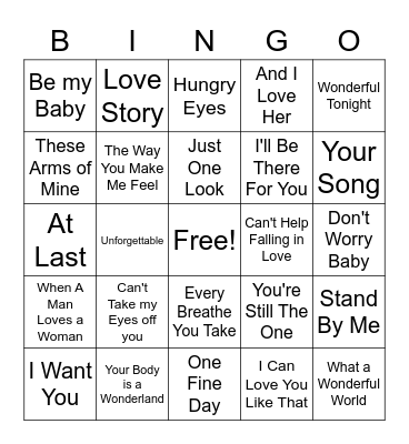 Love Songs Bingo Card