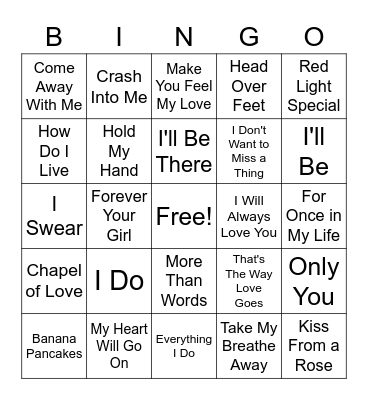 Love Songs Bingo Card