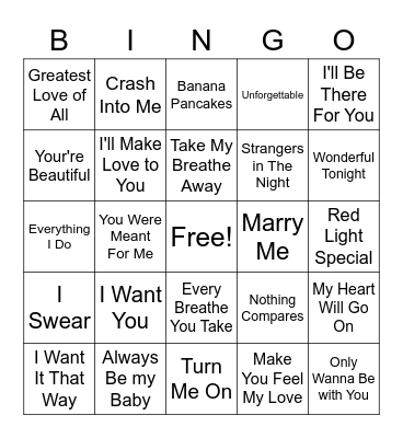 Love Songs Bingo Card