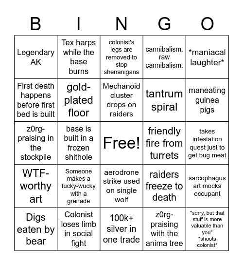 RimWorld Bingo Madness Bingo Card