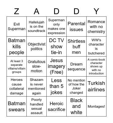 ZS Justice League Bingo Card