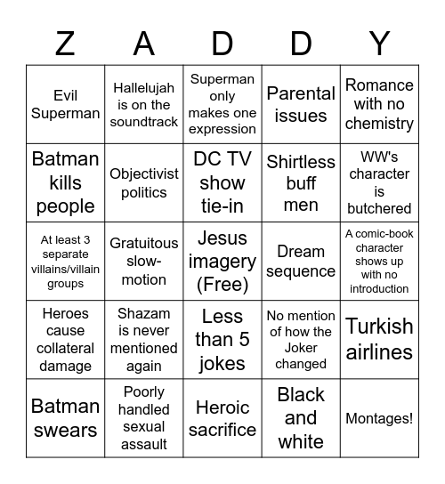 ZS Justice League Bingo Card
