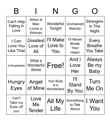 Love Songs Bingo Card