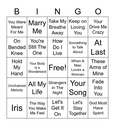 Love Songs Bingo Card