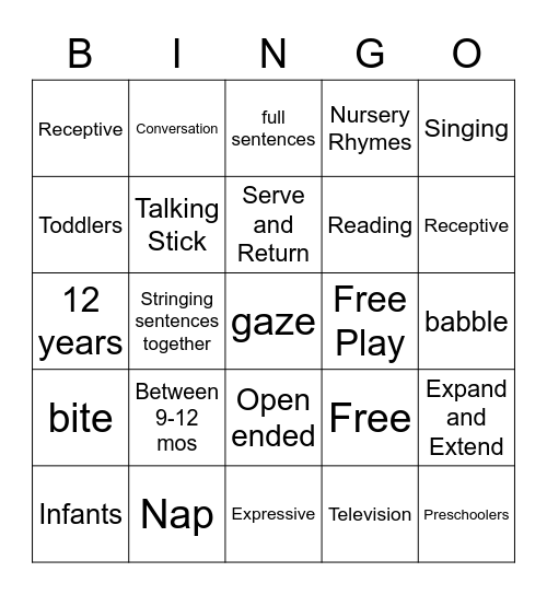 Children's Language Development Bingo Card