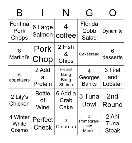 Bonefish Grill Bingo Card