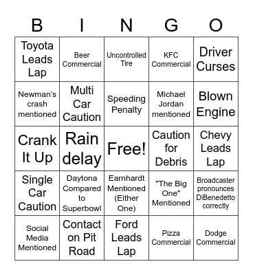 2021 Daytona 500 Bingo Card