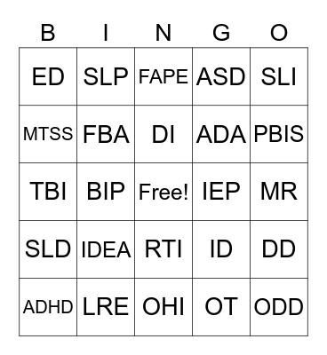 Special Education Acronyms Bingo Card