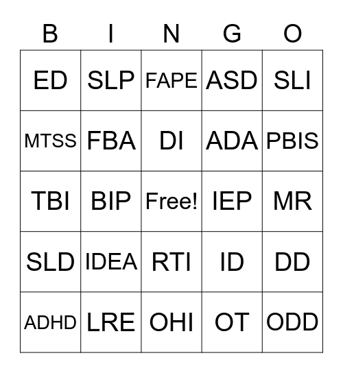 Special Education Acronyms Bingo Card