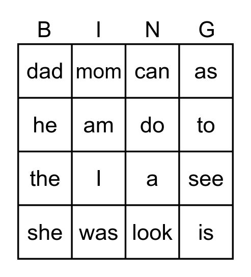 Sight Word BINGO Card