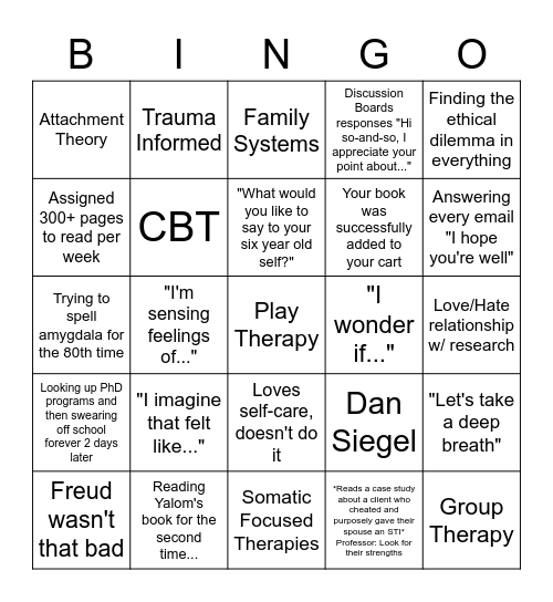 Psychotherapist's In Training Bingo Card