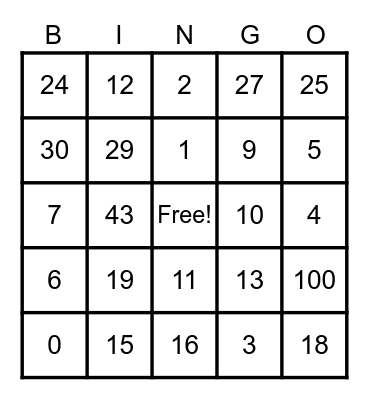 Number Bingo Card