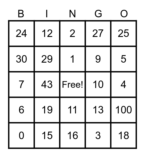 Number Bingo Card