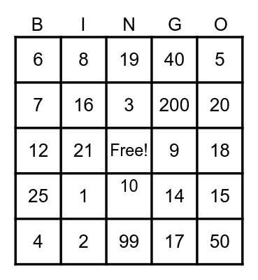Number Bingo Card