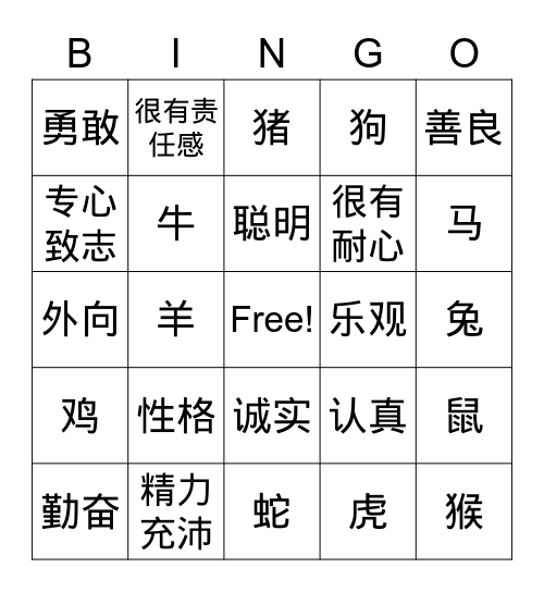 十二生肖和性格 Bingo Card