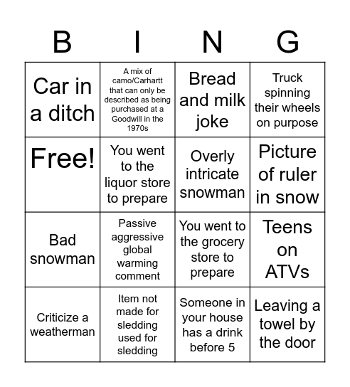 Snow Day Bingo Card