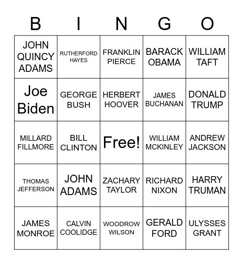 PRESIDENTS Bingo Card
