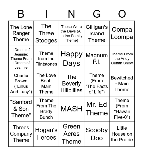 TV Show Theme Songs Bingo Card