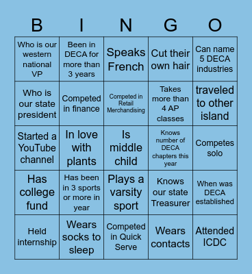 Hawaii DECA Bingo Card