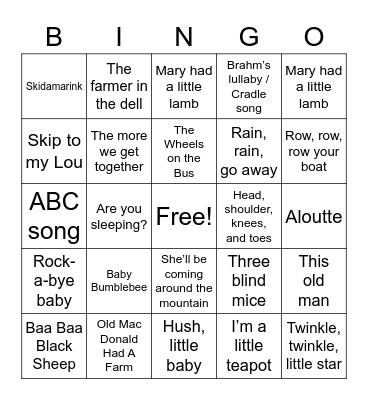 Nursery Rhymes Bingo Card