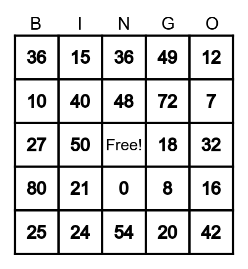 Multiplication BINGO Card