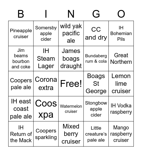 Seafarers Uni Bar Drinks Bingo Card
