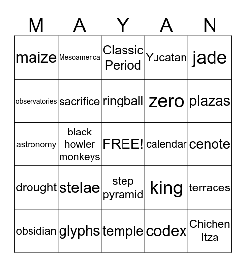 Maya Civilization Bingo Card