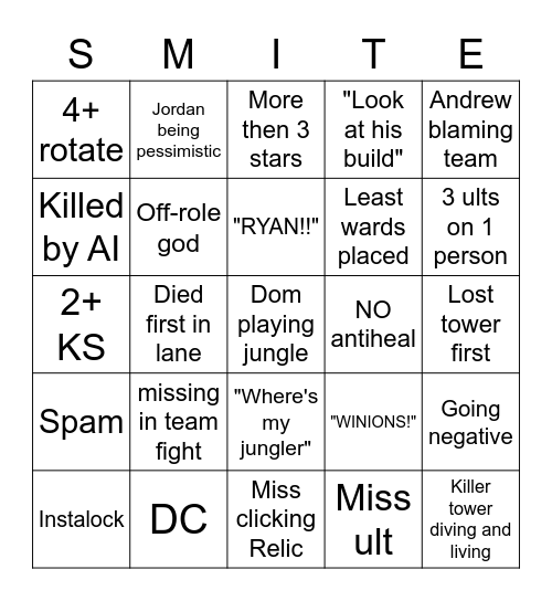 Smite Bingo Card